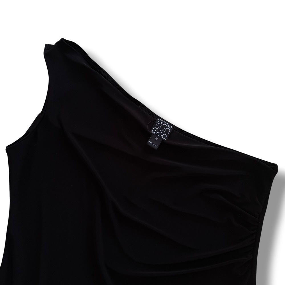 Clara Sun Woo Womens M Black One Shoulder Ruch Soft Silky Knit Tank Top USA Chic